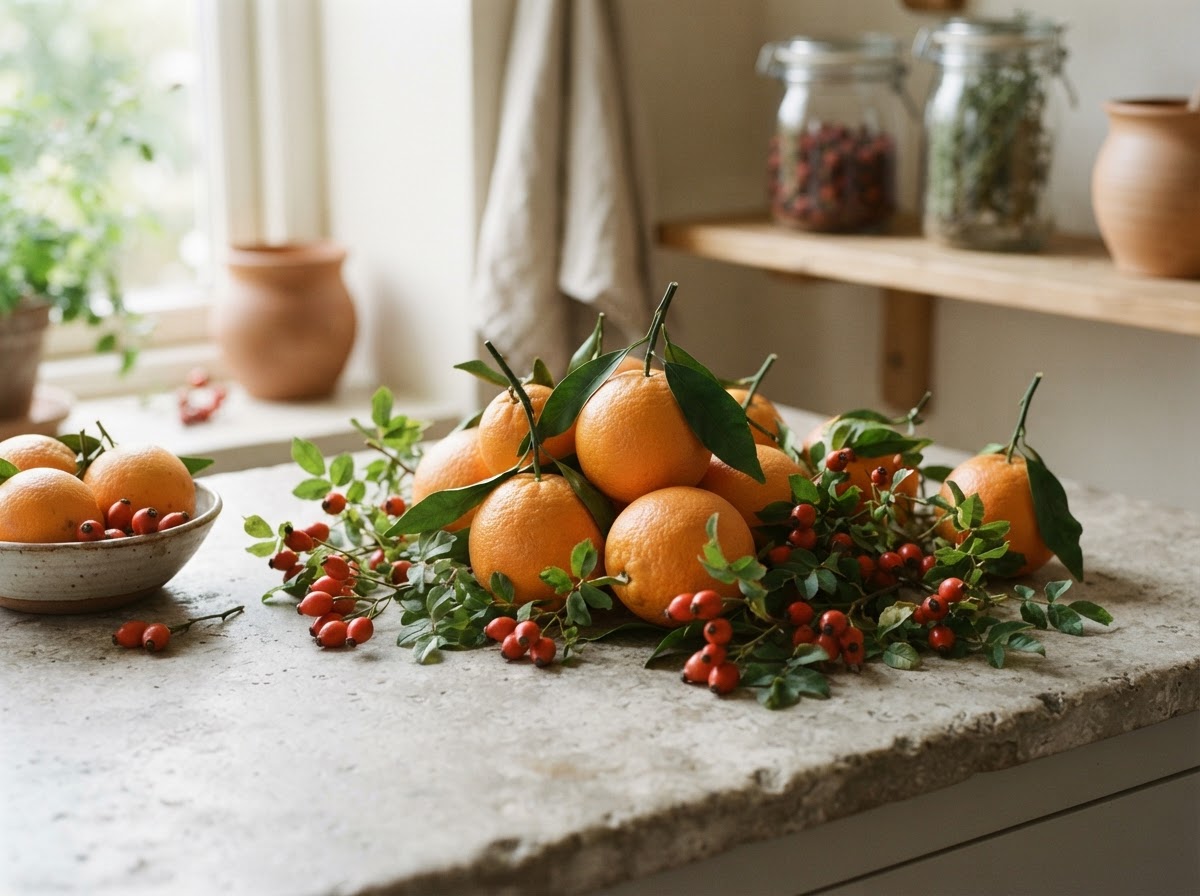 Citrus- og roséhybridfrugter på et hvidt bord